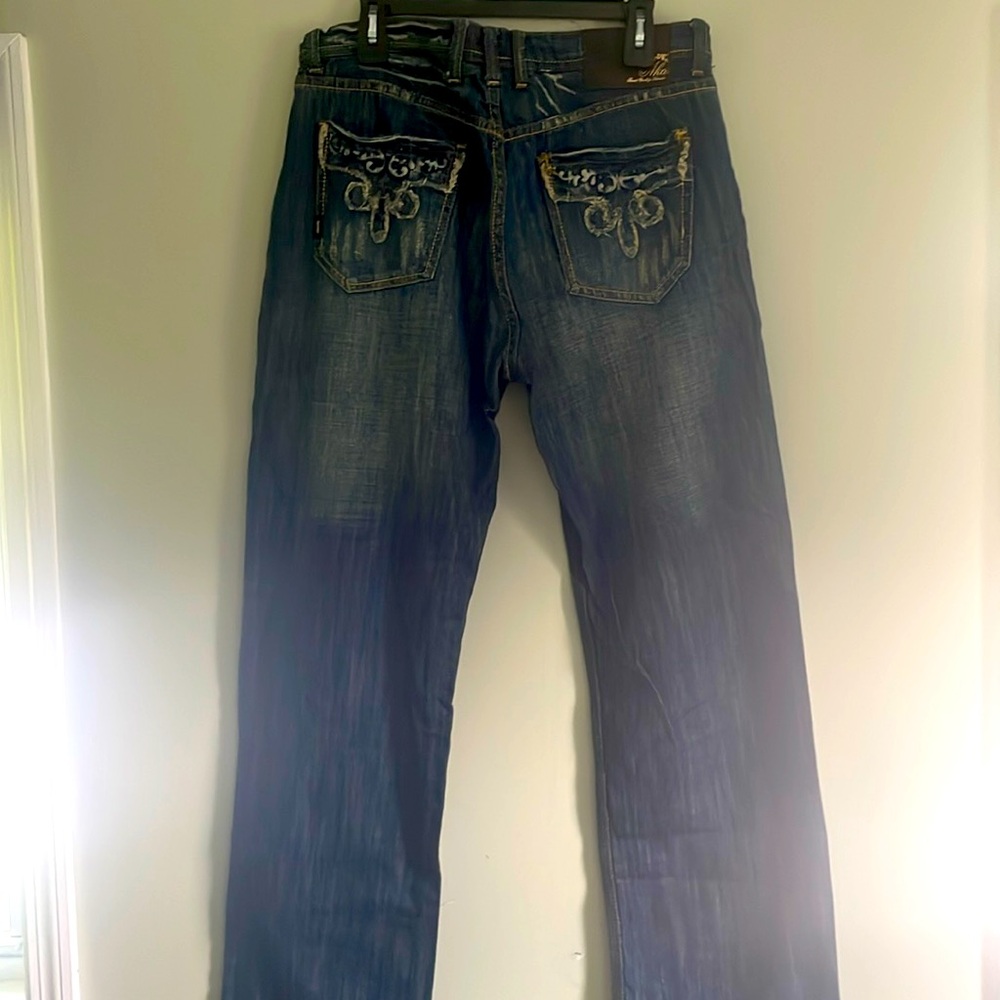 Mens Akademiks Dark Washed Distressed Jeans size 36x32